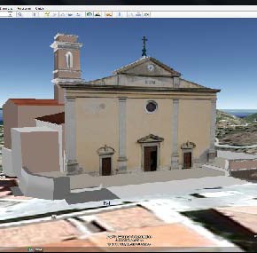 inserimento della chiesa di Rio nell'Elba sul modello di Google Earth, dalla Tesi di laurea in Architettura di Francesca Pacchiarini