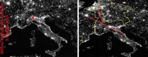 a sinistra Immagine satellitare dell'Europa di notte| a destra la stessa immagine con la ripartizione carolingia del territorio e la linea della direzione (Costantinopoli) Ravenna-Parigi-Londra e Milano il bivio per la Valle del Reno .