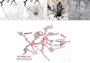 da sinistra: le acque tra i laghi e il Po.| La città e il suo intorno in un quadro di 50x50 km| lo sprawl del capoluogo nel territorio| La mappa del 1833| sotto: telecity o l'esplosione delle isole attorno alle stazioni delle infrastrutture, da Naked City.