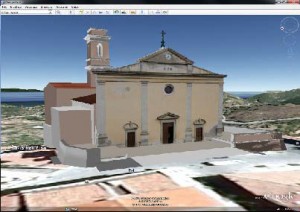 inserimento della chiesa di Rio nell'Elba sul modello di Google Earth, dalla Tesi di laurea in Architettura di Francesca Pacchiarini