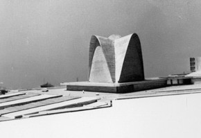 5 - Model of Nervi’s scheme of the New Norcia Cathedral and Monastery. In the background is a view of a Roman rooftop. Courtesy New Norcia Archive
