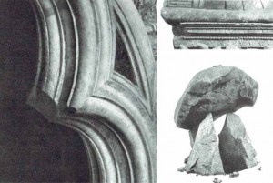 Img.3: Nicola Pisano con Arnolfo di Cambio e aiuti: Pergamo del Duomo di Siena (1265), archetto trilobo, particolare. |  Louth, Irlanda: Dolmen di Proleek | Volterra, Museo Guarnacci: Urna cineraria etrusco-romana, particolare.